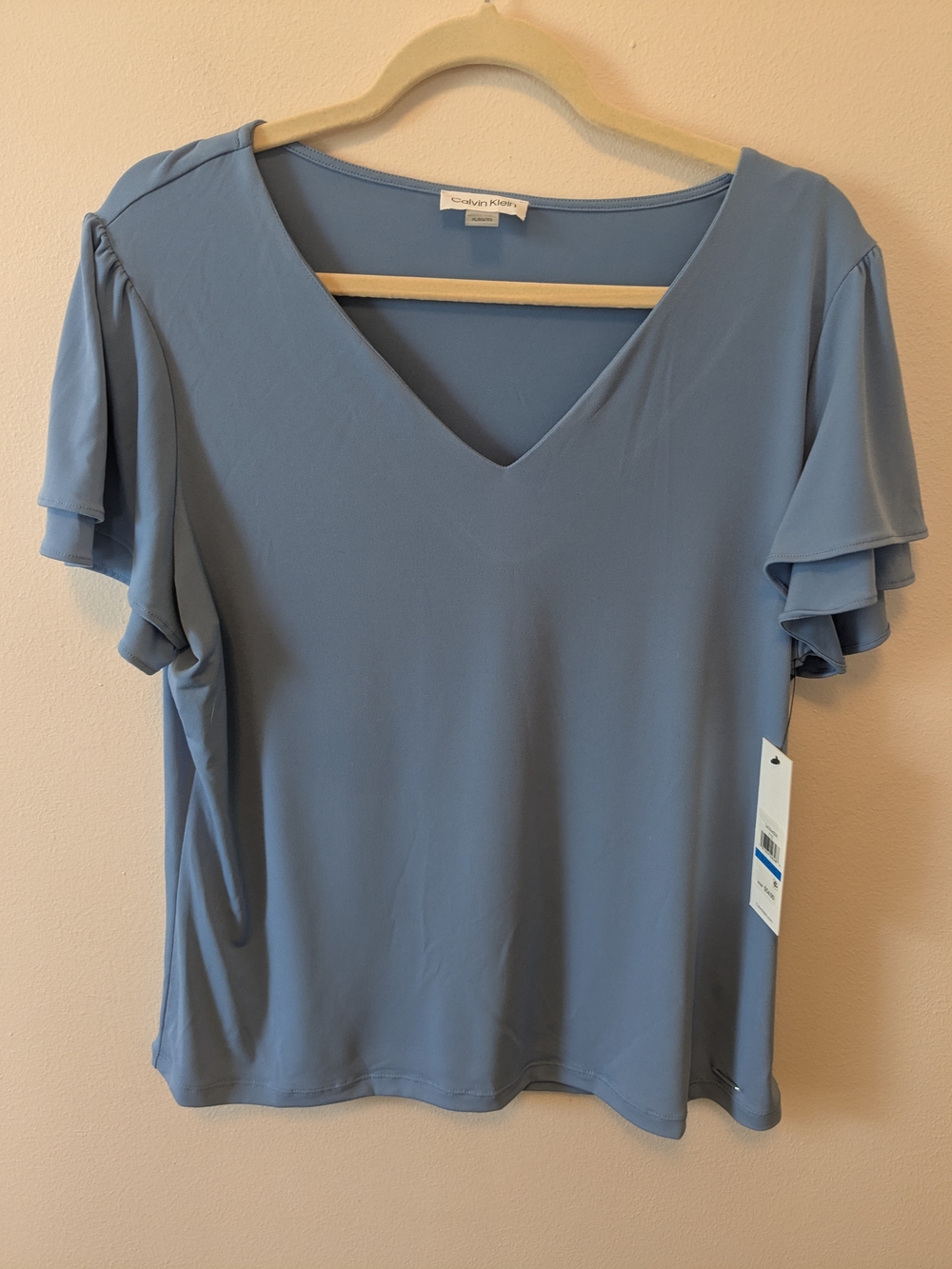 Calvin Klein Dusty Blue V-Neck Flutter Sleeve Top